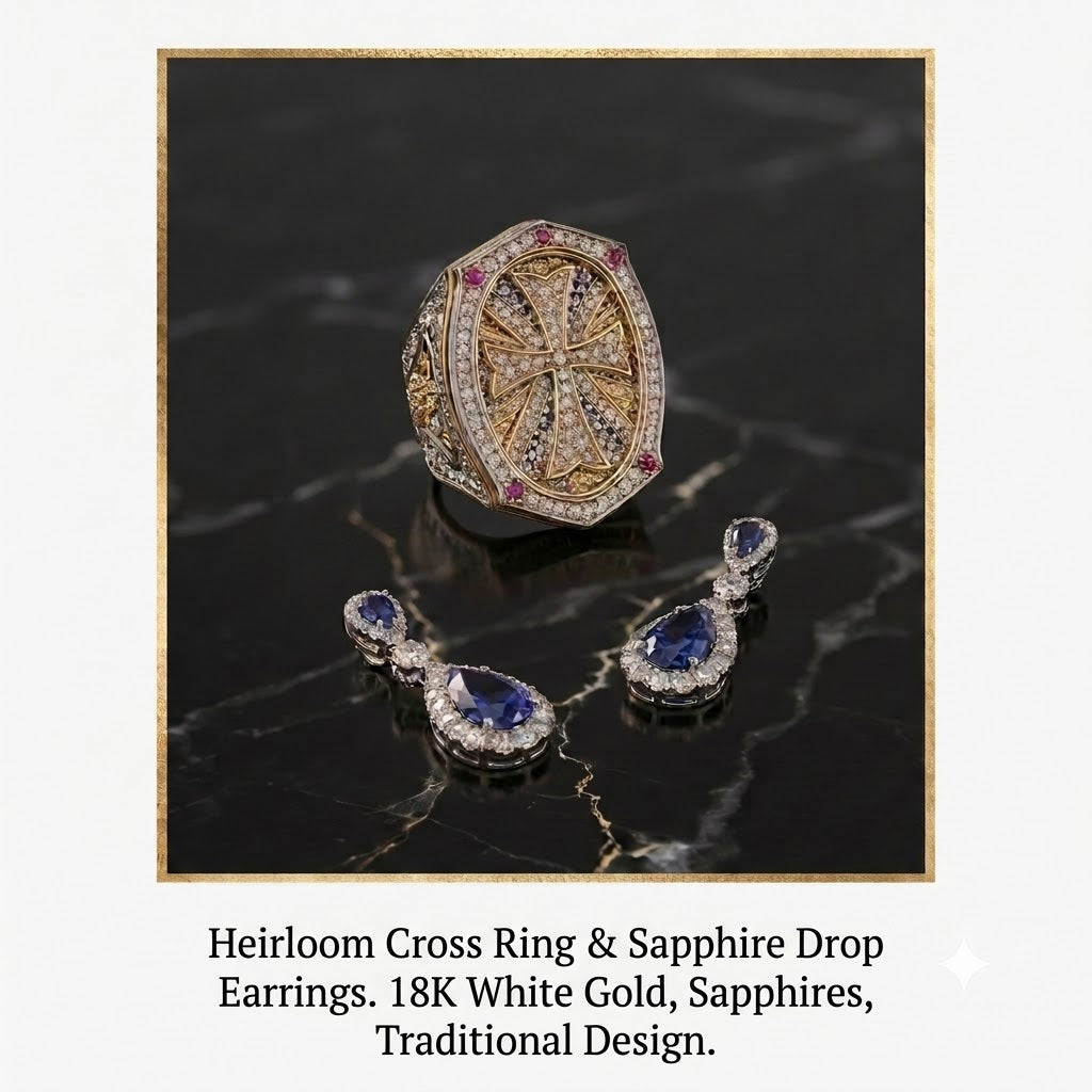 Heirloom Cross Ring & Saphire Drop